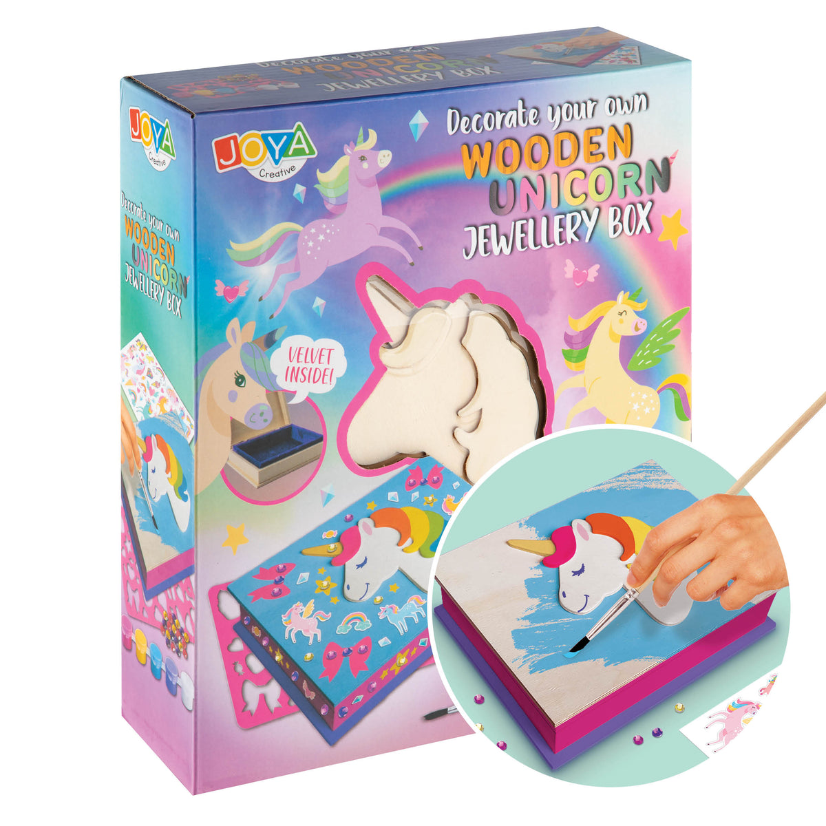 Joya Creative Unicorn Craft Kit 4-in-1 – Painting, Sticker Art, Pixel Art and Jewelry Box Decorating
