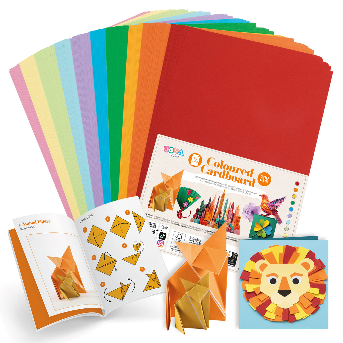 Joya Creative Coloured Card A4 100 Sheets – 200 gsm Craft Paper in 10 Colours including Inspiration Book
