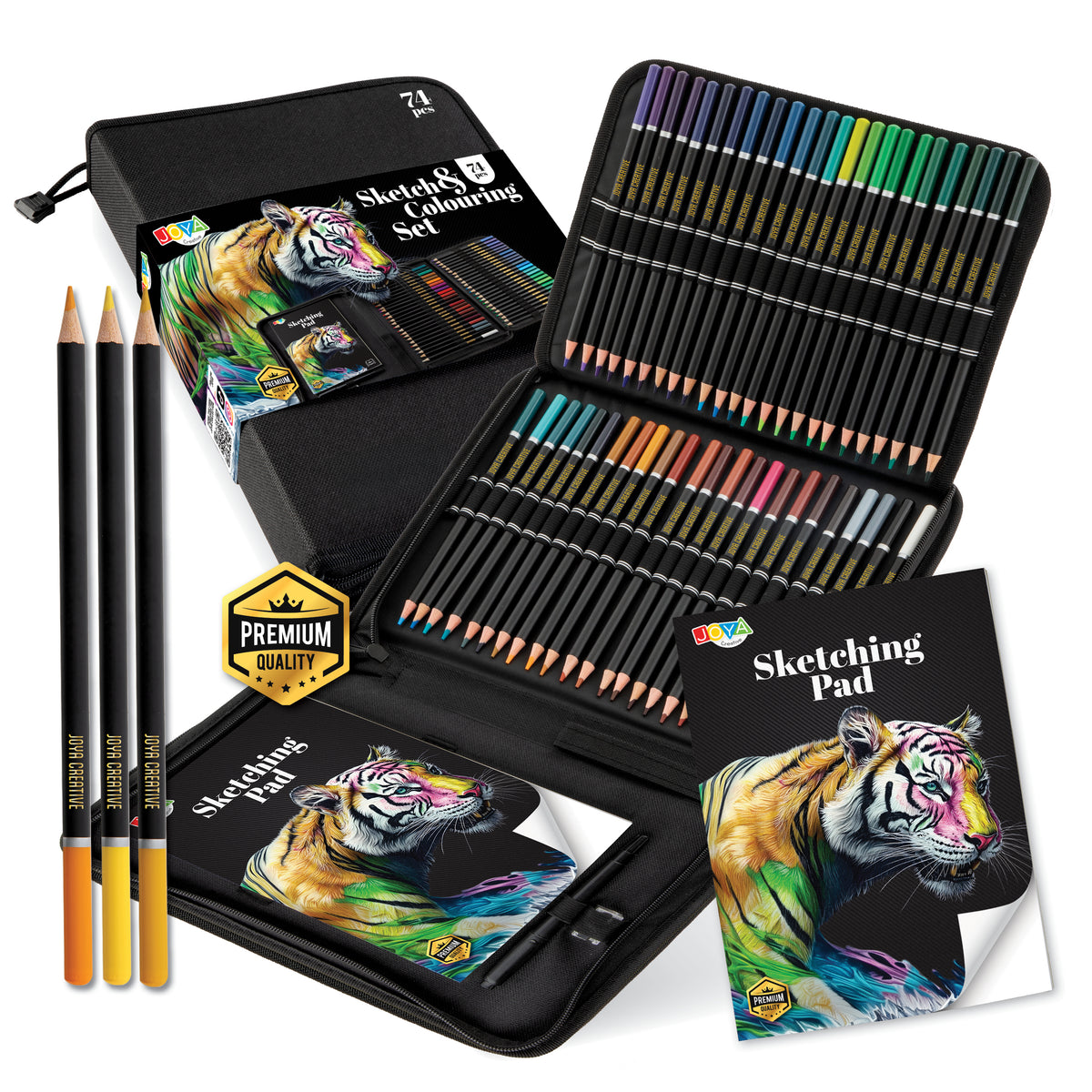 Joya Creative Professional Drawing Set 74 Piece – Colored Pencils, Graphite Pencils, and Fineliners for Drawing and Sketching