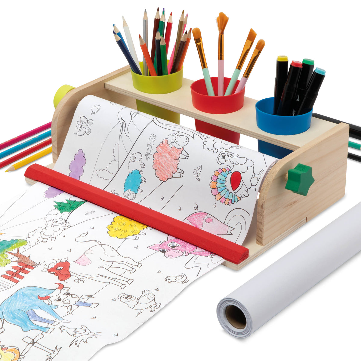Joya Creative Coloring Roll with Wooden Paper Roll Holder - 10 Meter Drawing Roll for Kids including FSC Wooden Drawing Station