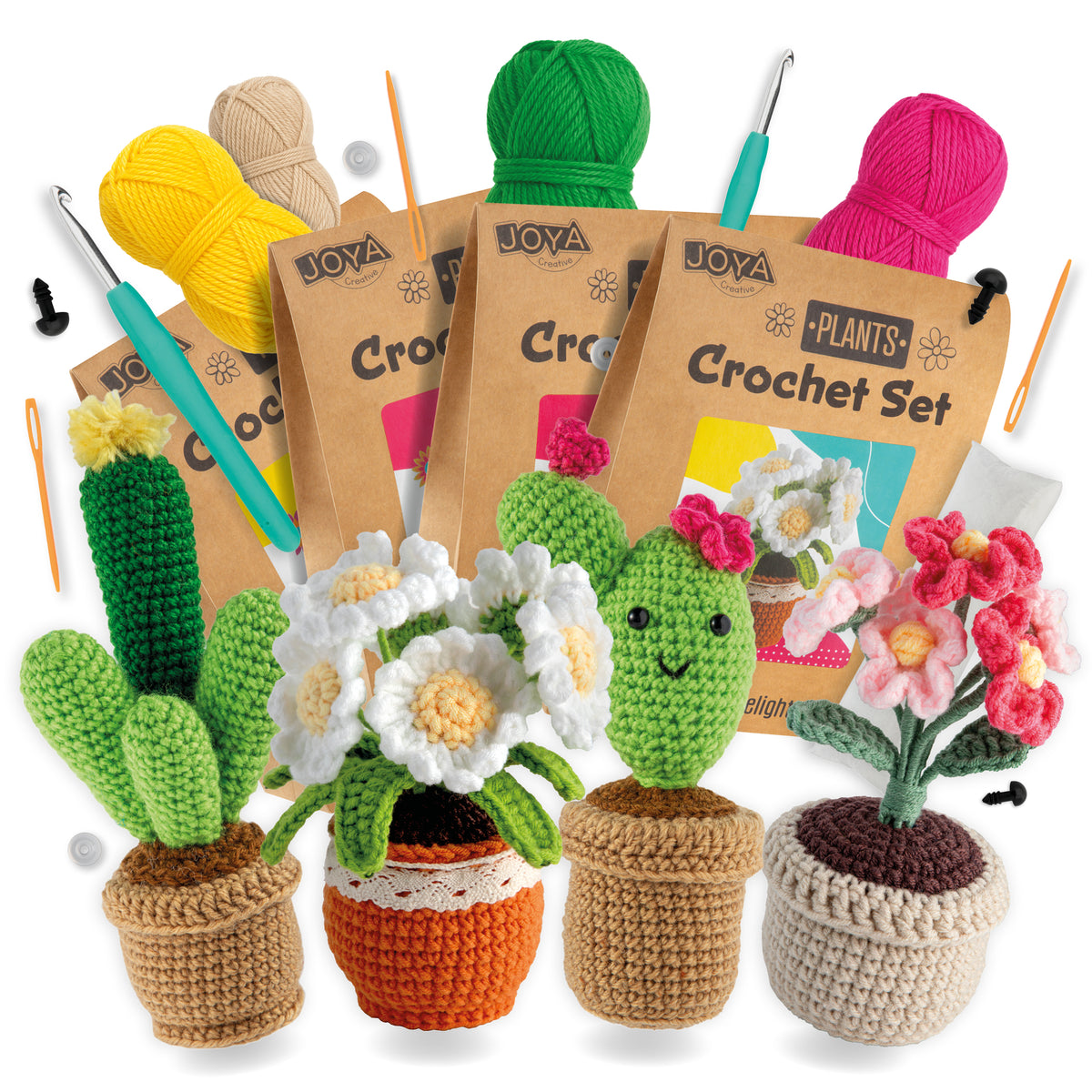 Joya Kreativ-Häkelset Pflanzen & Blumen 4-teilig – Komplettes Amigurumi-Häkelset für Erwachsene mit ergonomischen Häkelnadeln