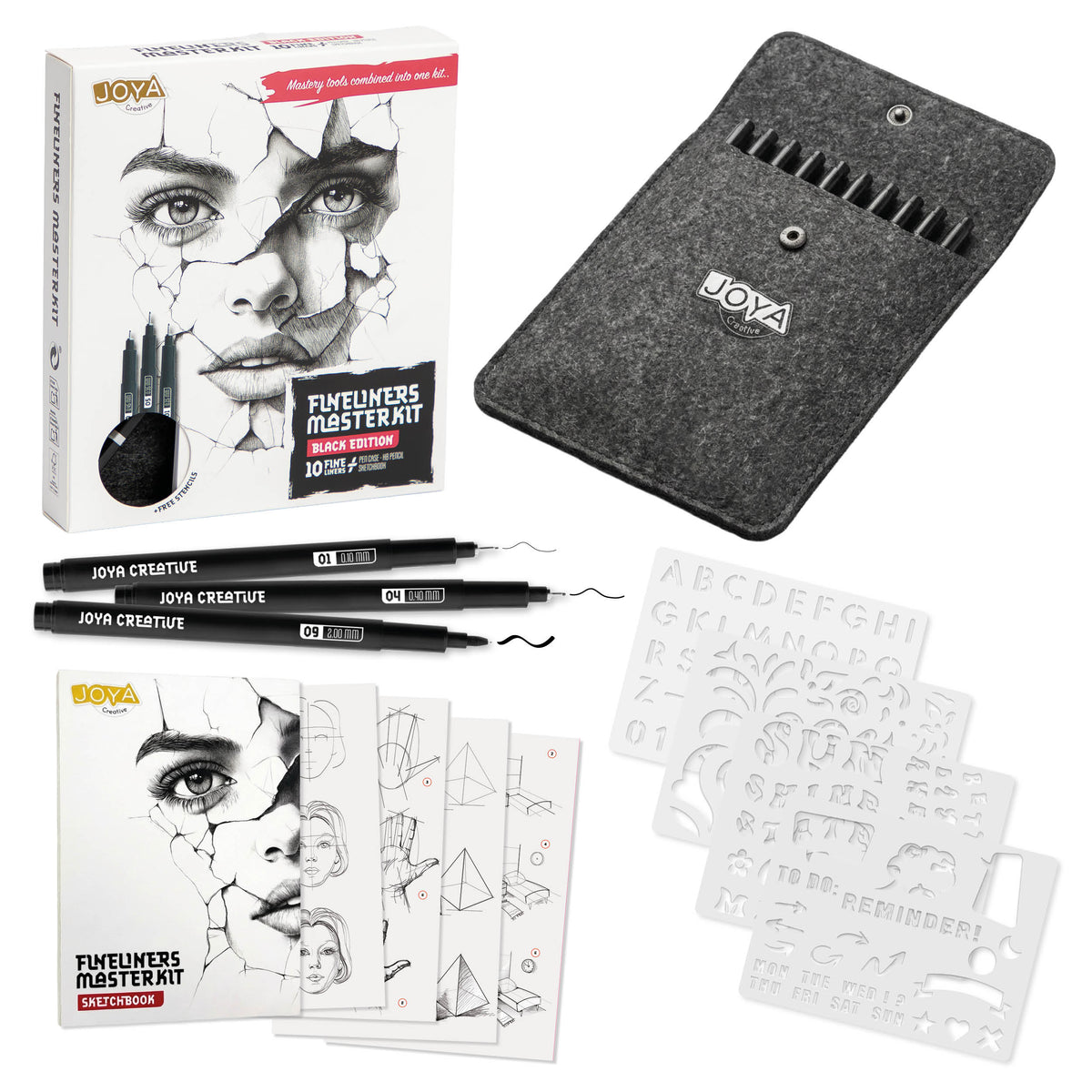 Joya Creative Fineliners Masterkit Black Edition – 10 schwarze Fineliner, Skizzenbuch, Wasserpinsel & Zeichenschablonen