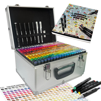 Joya Creative Set de Twinmarkers de 300 unidades - Rotuladores profesionales con alcohol y maletín metálico, bloc para rotuladores, fineliners y bolígrafos de gel