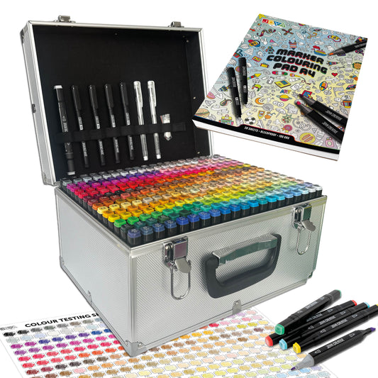 Joya Creative Twinmarkers Set 300 Stuks – Professionele Alcohol Markers met Metalen Koffer, Markerpad, Fineliners & Gelpennen