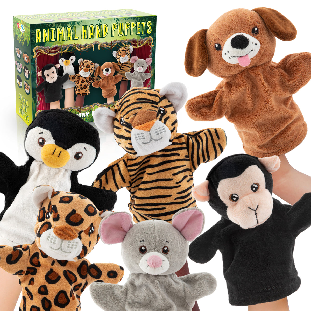 Joya Creative Hand Puppet Set 6 Pieces – Animal Hand Puppets with Puppet Theatre for Imaginative Role Play