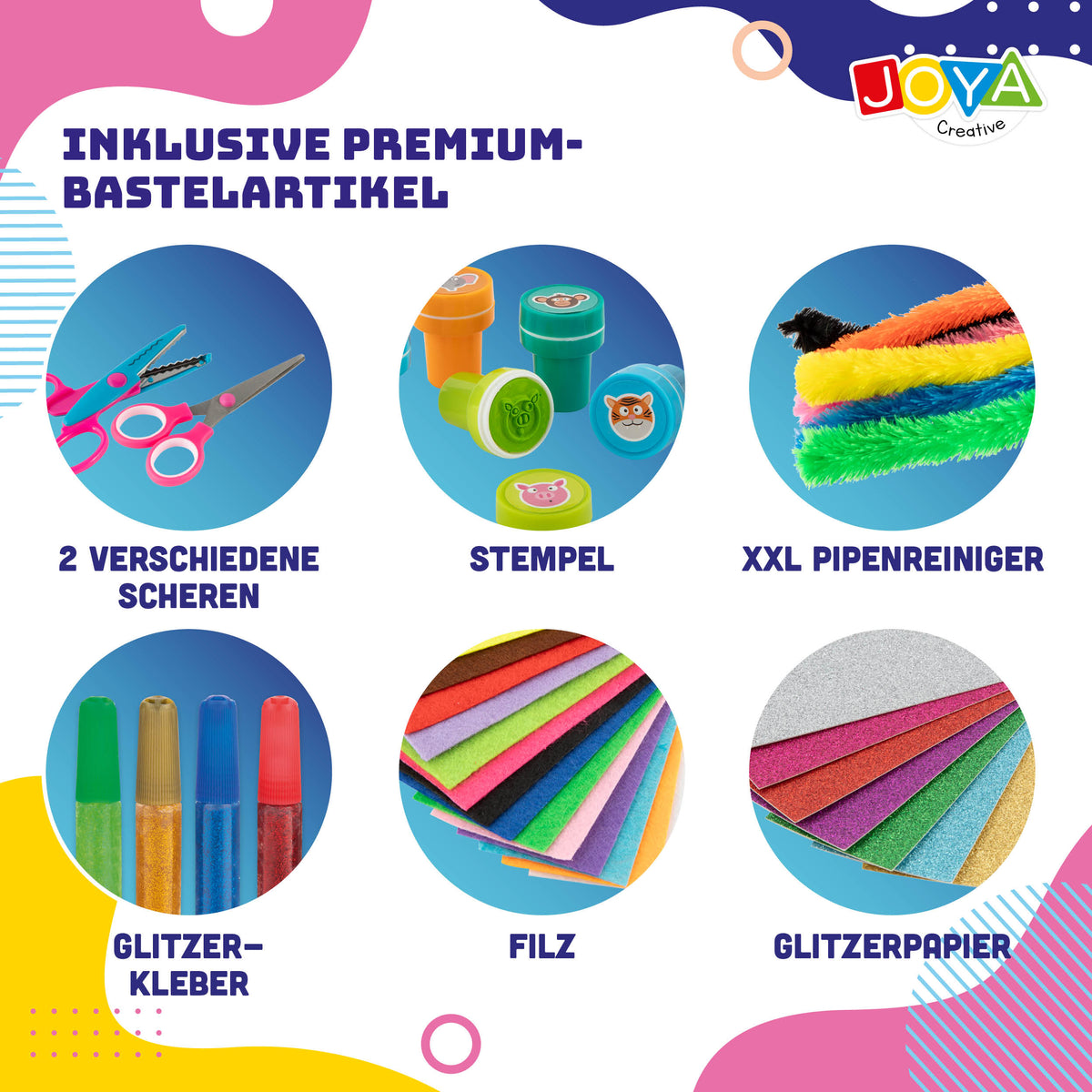 Joya Creative XXL Bastelkoffer für Kinder – Komplettes Bastelset mit über 1500 Bastelutensilien im Aufbewahrungskoffer