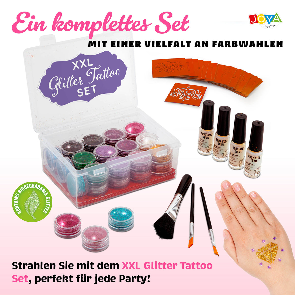 Joya Creative XXL Glitzer-Tattoo-Set – Biologisch abbaubare Glitzer für Festival-Tattoos, Karneval & Kindergeburtstage