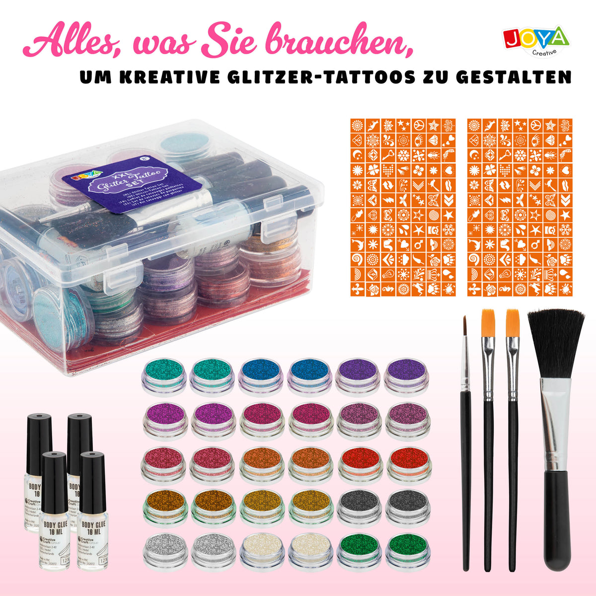 Joya Creative XXL Glitzer-Tattoo-Set – Biologisch abbaubare Glitzer für Festival-Tattoos, Karneval & Kindergeburtstage