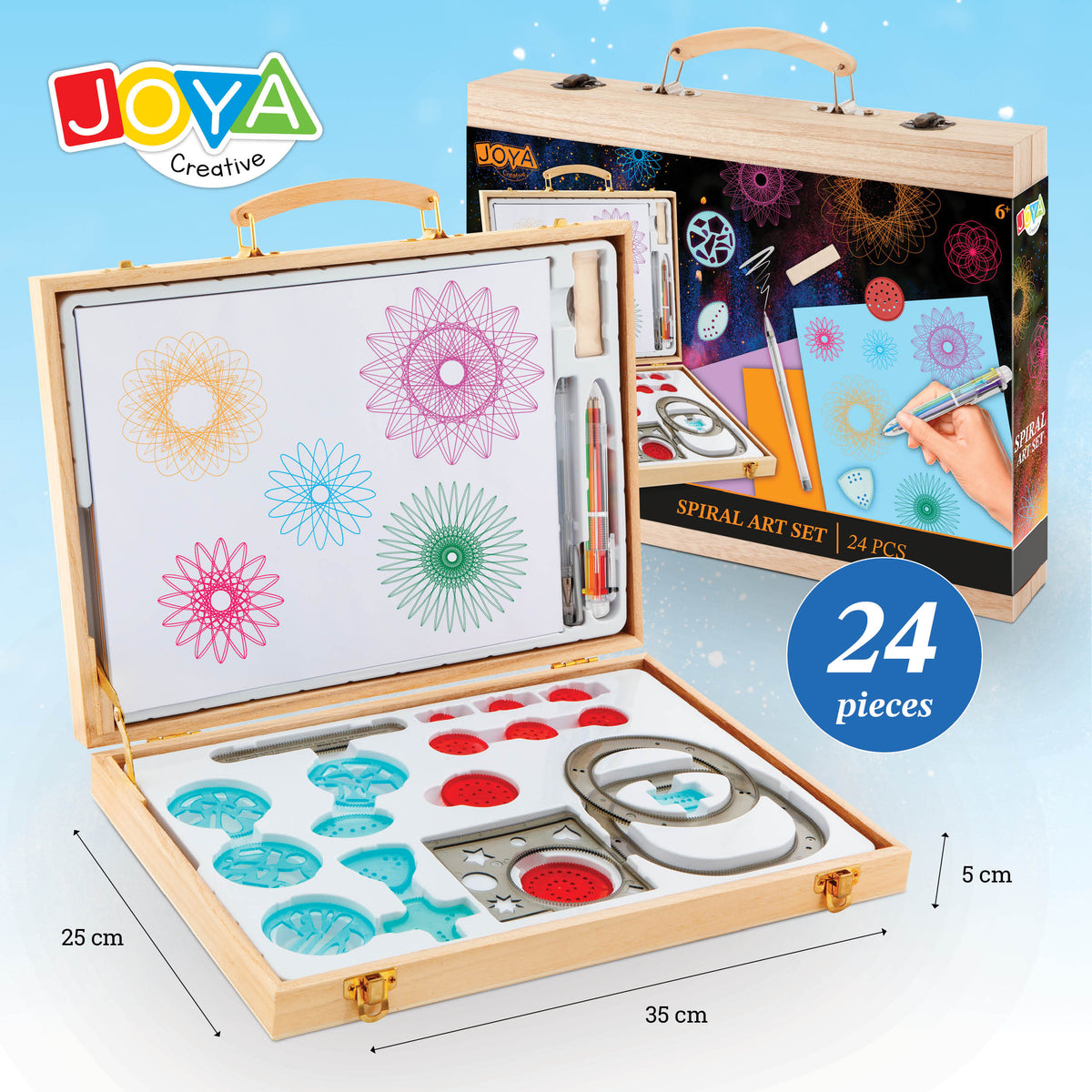 Joya Creative Spiral Art Set 24 Pieces – Spirograph Drawing Kit with Luxury Wooden Drawing Case