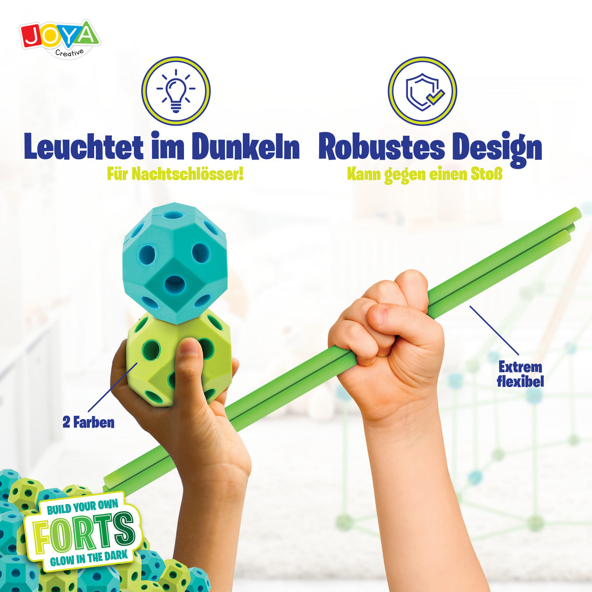 Joya Creative Kreative Festungen Glow in the Dark 130-teilig – Baue deine eigene Festung und dein Spielzelt für Kinder