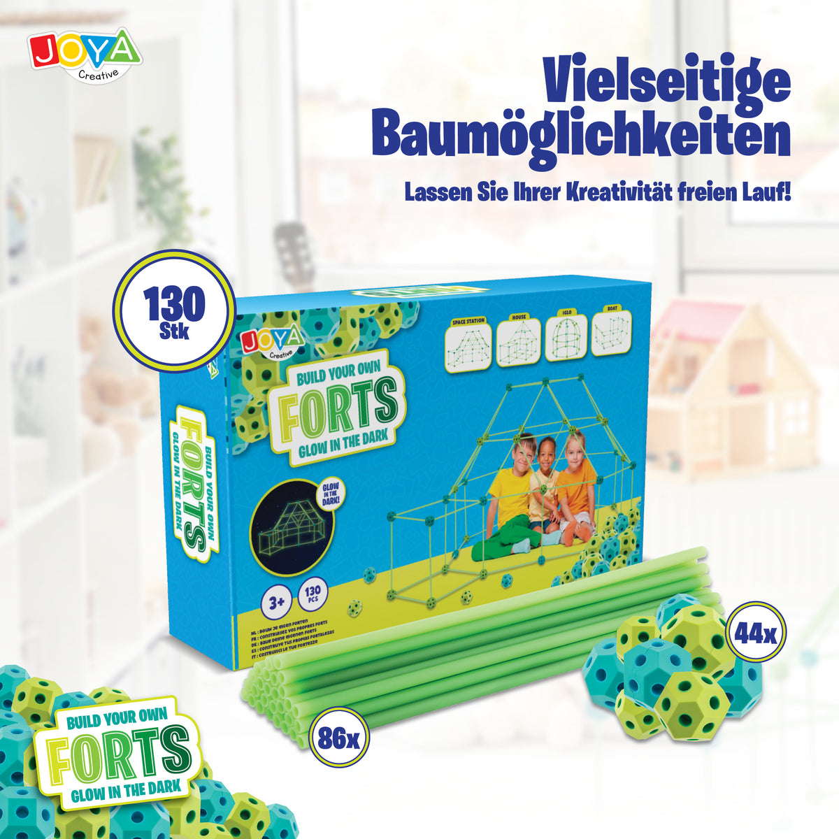 Joya Creative Kreative Festungen Glow in the Dark 130-teilig – Baue deine eigene Festung und dein Spielzelt für Kinder