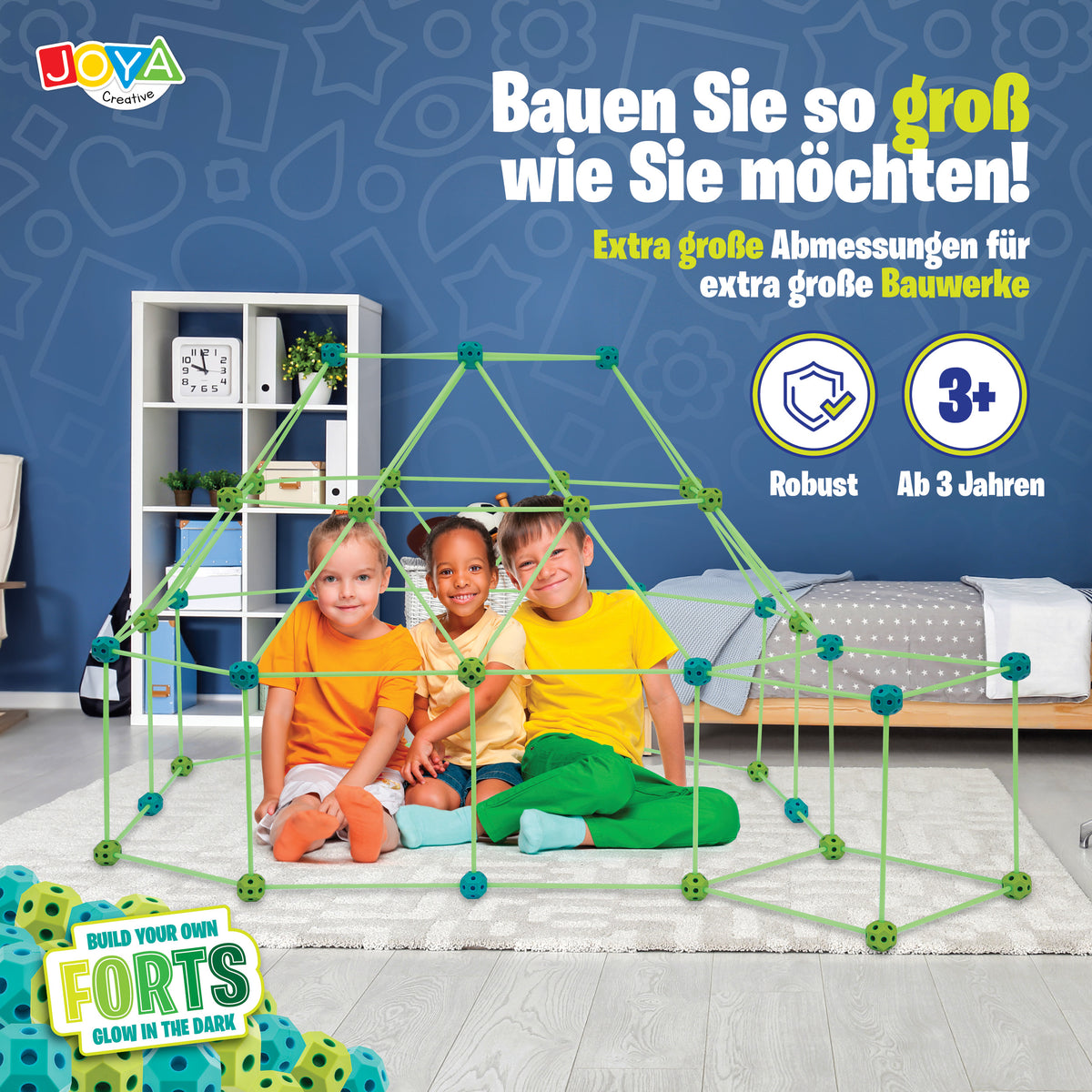 Joya Creative Kreative Festungen Glow in the Dark 130-teilig – Baue deine eigene Festung und dein Spielzelt für Kinder