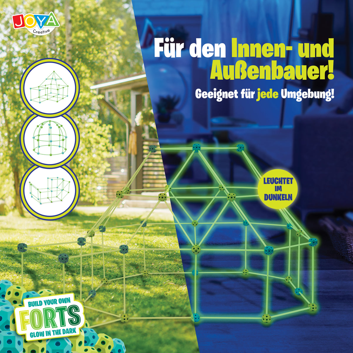 Joya Creative Kreative Festungen Glow in the Dark 130-teilig – Baue deine eigene Festung und dein Spielzelt für Kinder