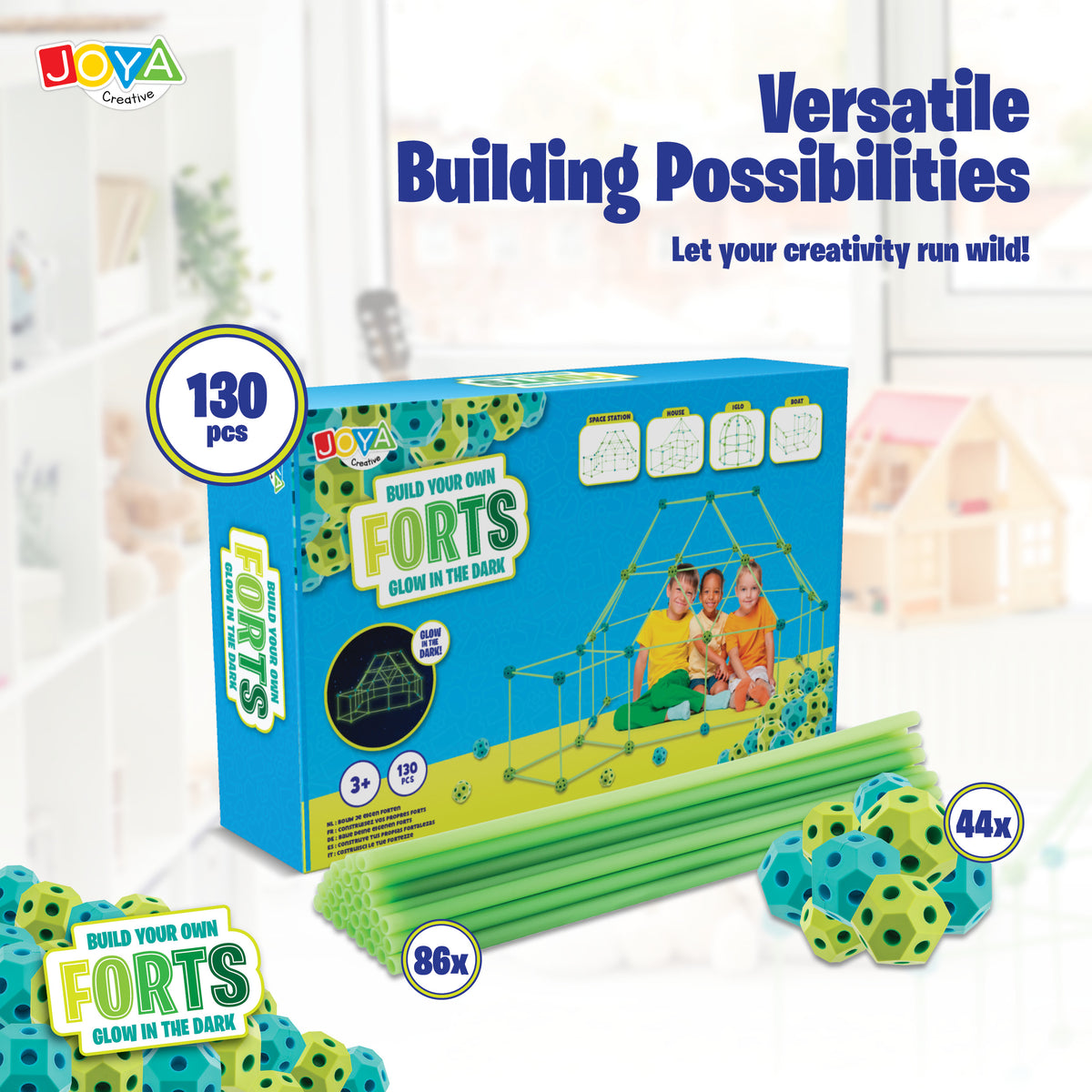 Joya Creative Glow in the Dark Forts 130 Pieces - Build Your Own Fort and Play Tent for Kids