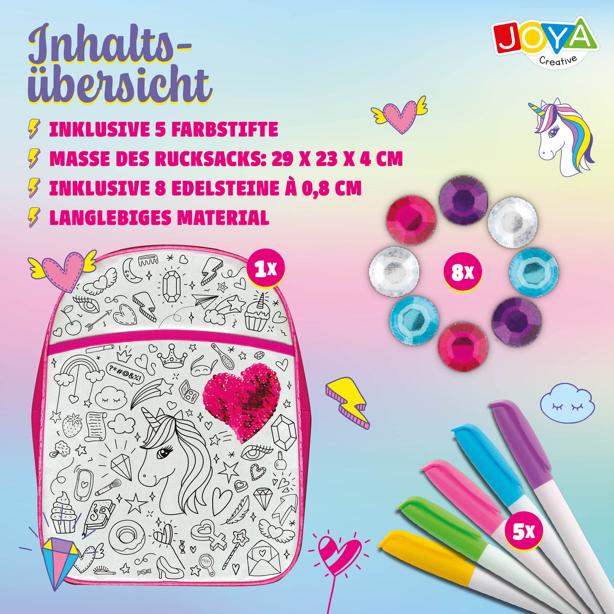 Joya Creative Einhorn Rucksack Färben – DIY Bastelset mit Textilstiften für Mädchen