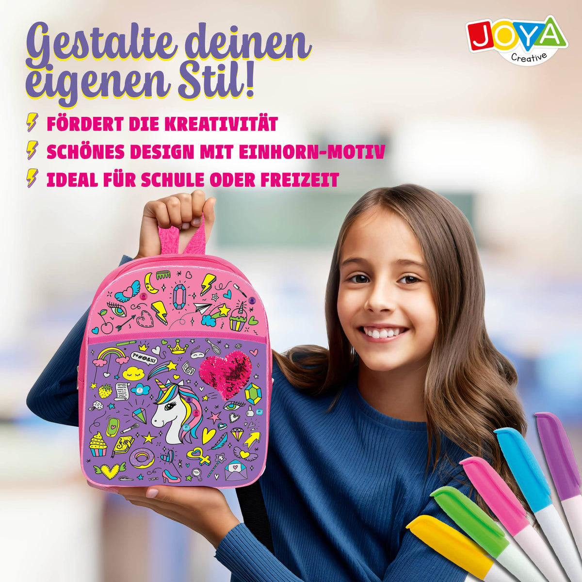 Joya Creative Einhorn Rucksack Färben – DIY Bastelset mit Textilstiften für Mädchen