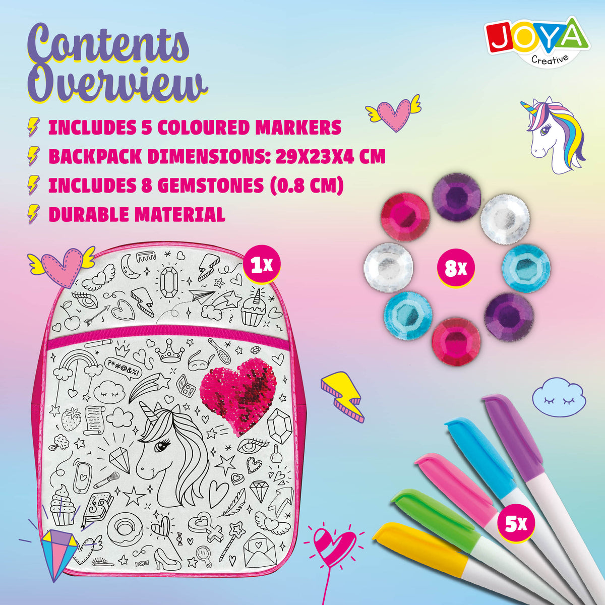 Joya Creative Unicorn Backpack Colors – DIY Craft Kit with Textile Markers for Girls