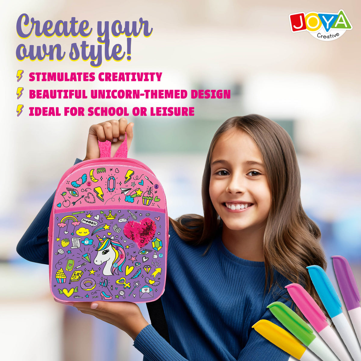 Joya Creative Unicorn Backpack Colors – DIY Craft Kit with Textile Markers for Girls