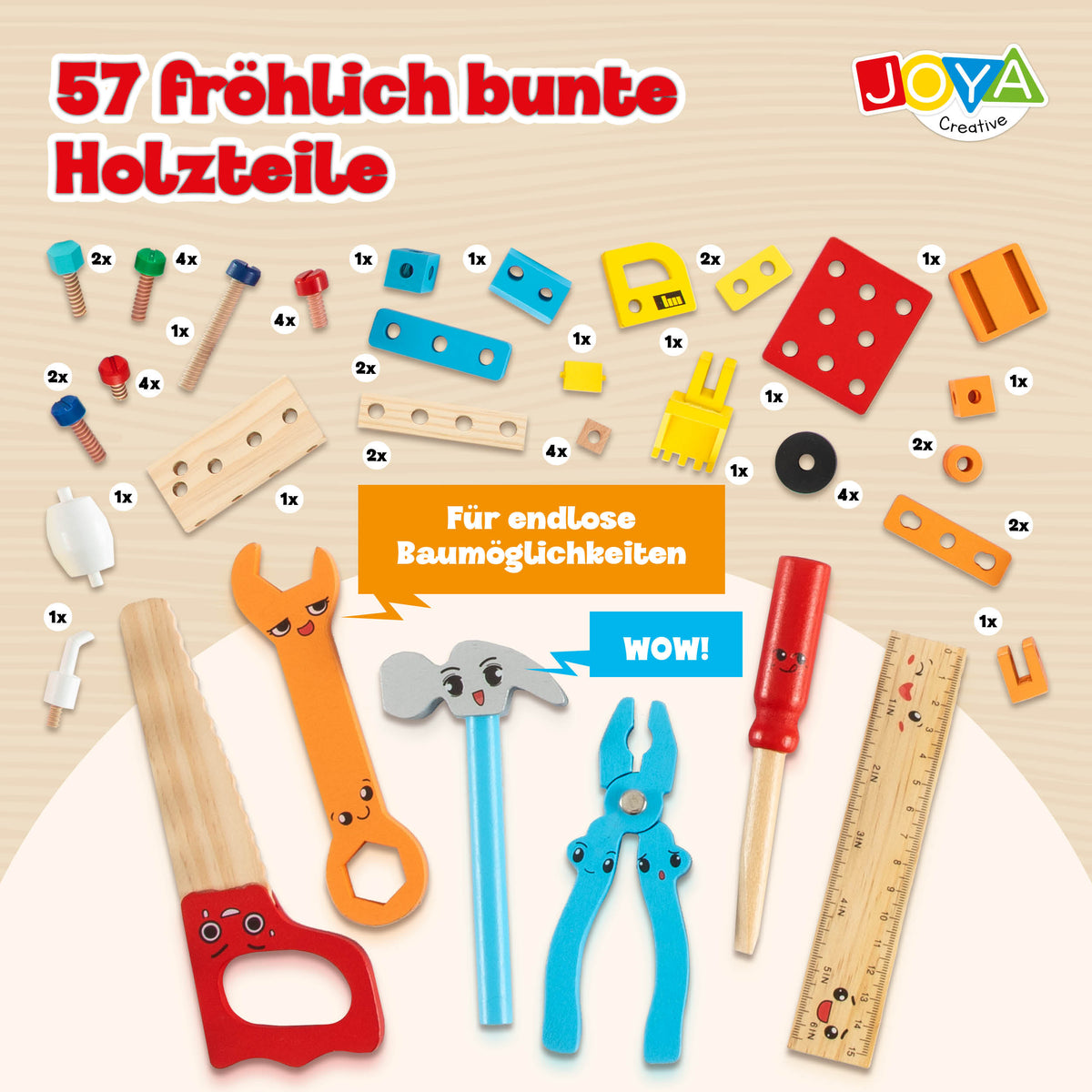Joya Creative Hölzerner Werkzeugkasten 57-teilig – FSC Werkzeugspielzeug mit Werkbank für Kinder