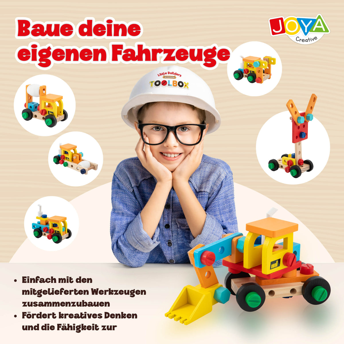Joya Creative Hölzerner Werkzeugkasten 57-teilig – FSC Werkzeugspielzeug mit Werkbank für Kinder