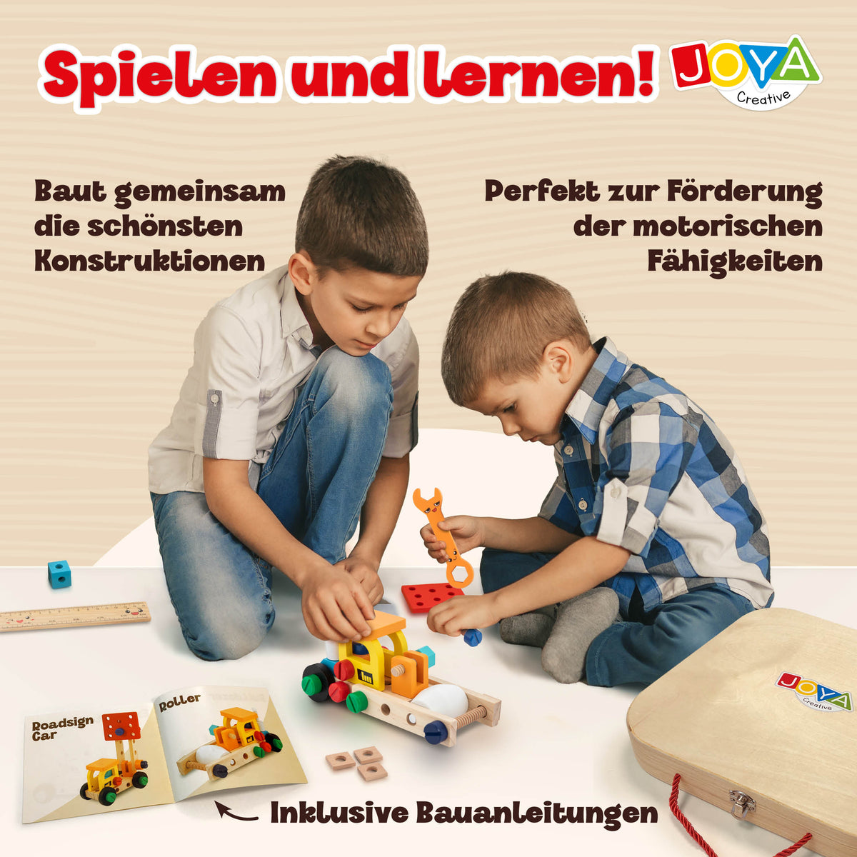 Joya Creative Hölzerner Werkzeugkasten 57-teilig – FSC Werkzeugspielzeug mit Werkbank für Kinder