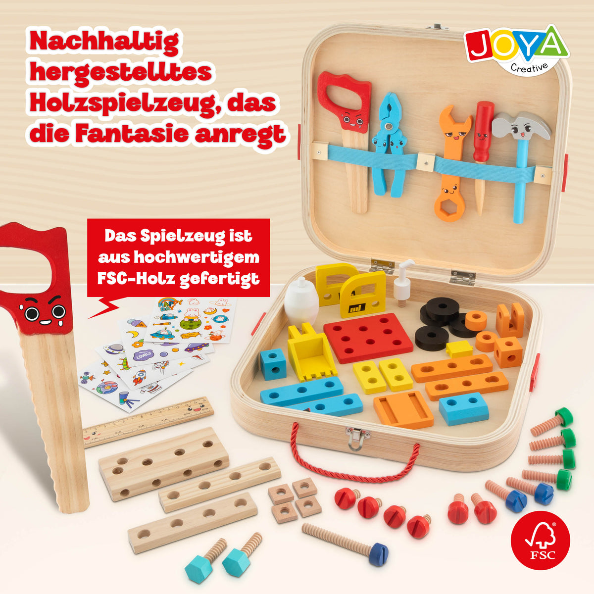 Joya Creative Hölzerner Werkzeugkasten 57-teilig – FSC Werkzeugspielzeug mit Werkbank für Kinder