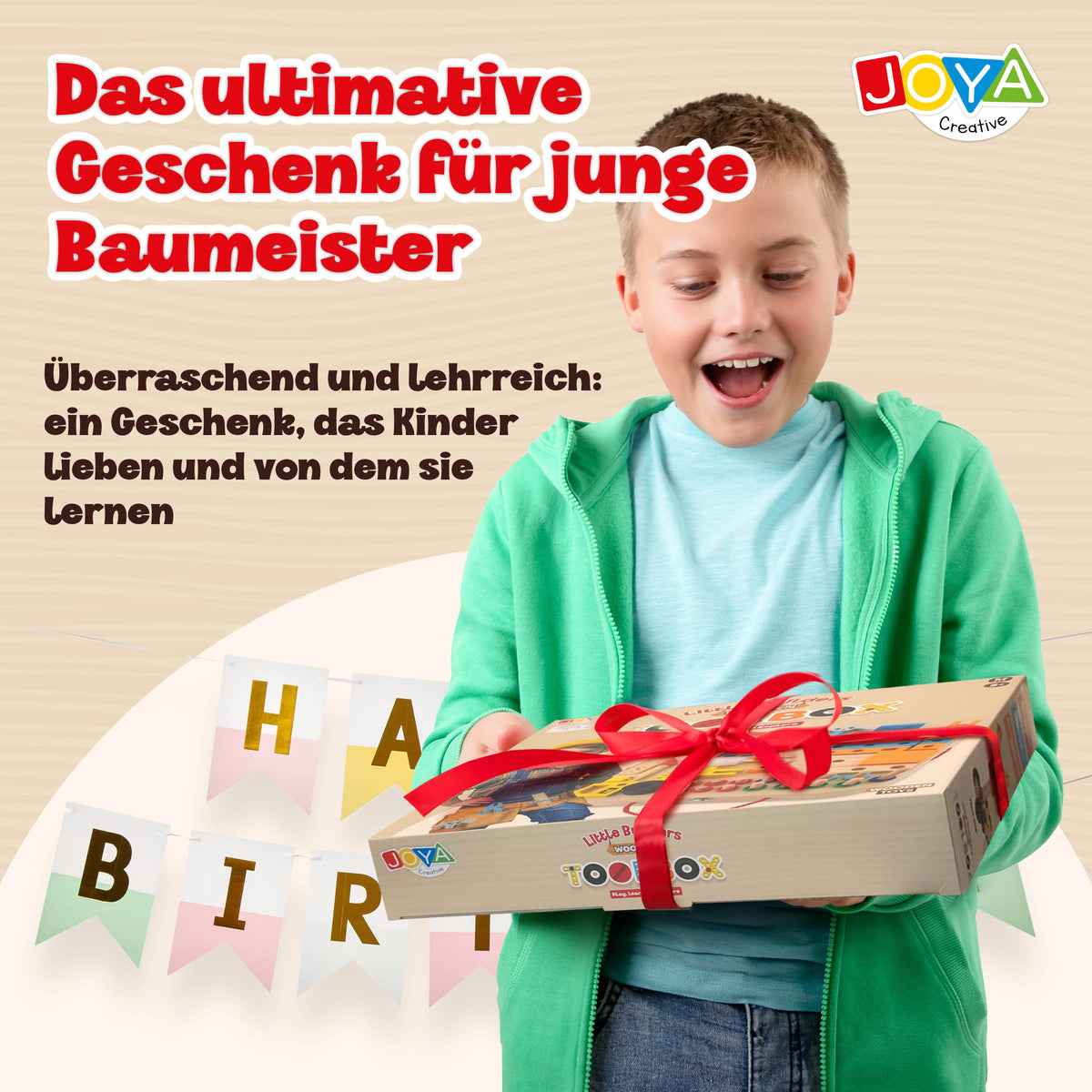 Joya Creative Hölzerner Werkzeugkasten 57-teilig – FSC Werkzeugspielzeug mit Werkbank für Kinder