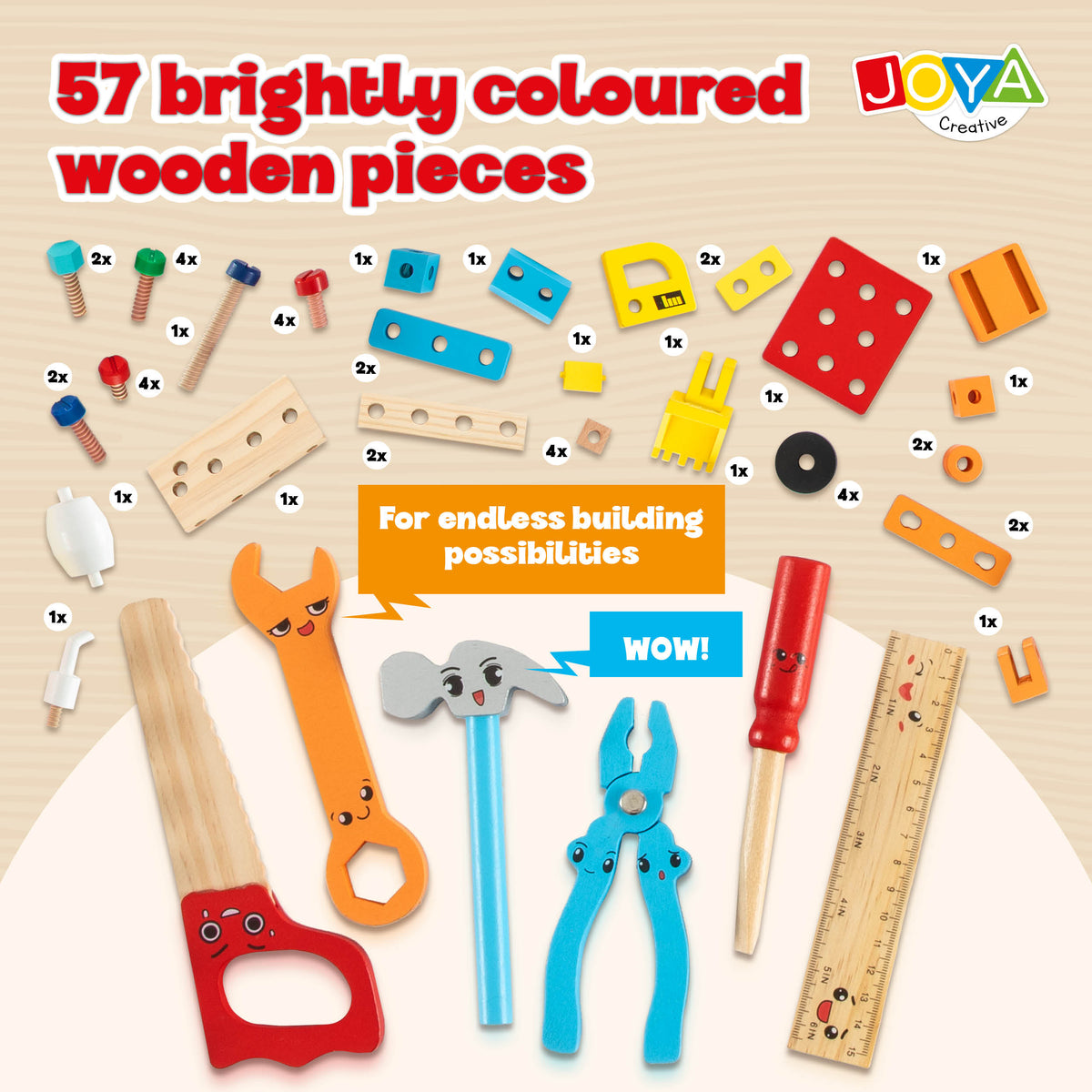 Joya Creative Wooden Tool Box 57 Pieces – FSC Tool Toy with Workbench for Children