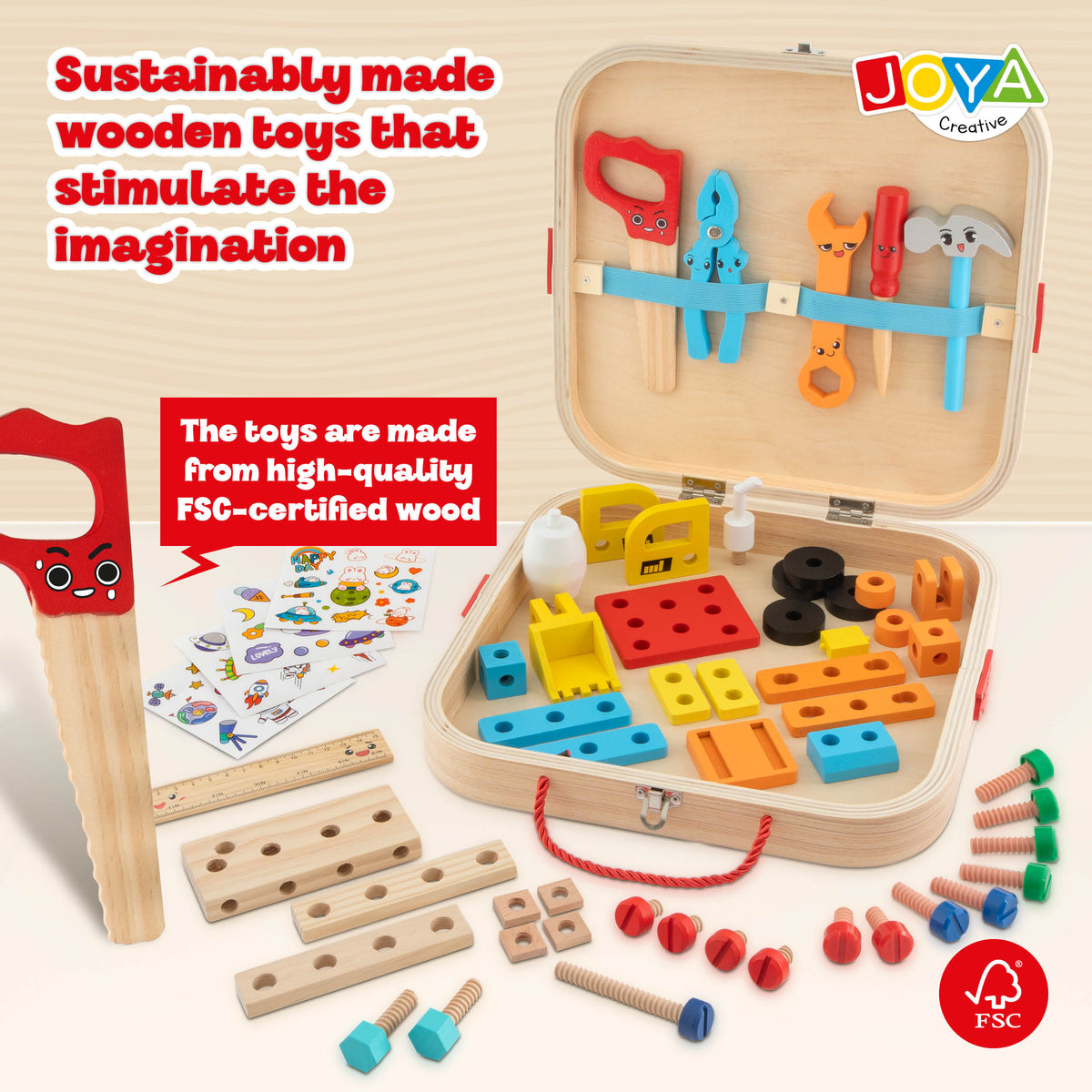 Joya Creative Wooden Tool Box 57 Pieces – FSC Tool Toy with Workbench for Children