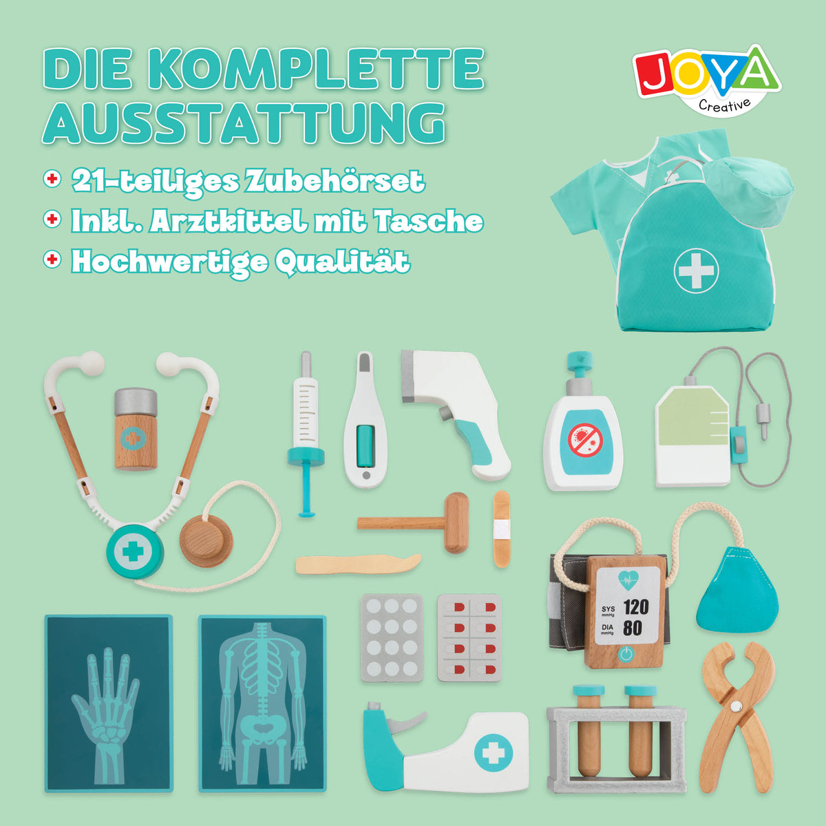 Joya Creative Hölzernes Arzteset 21-teilig – FSC Arztkoffer mit Arztkittel für Kinder