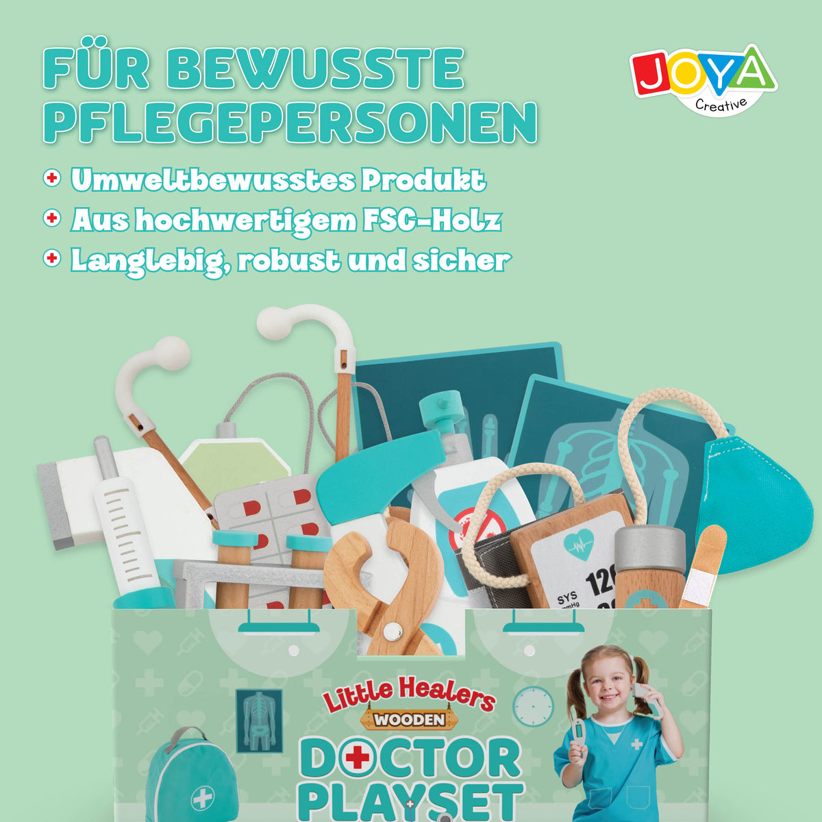 Joya Creative Hölzernes Arzteset 21-teilig – FSC Arztkoffer mit Arztkittel für Kinder