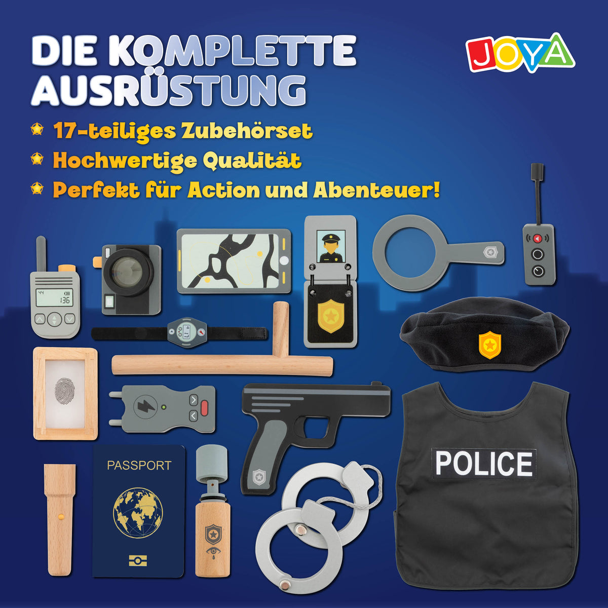 Joya Creative Holzeinsatz Polizei-Set, 17-teilig – FSC-Polizeikoffer mit Zubehör für Rollenspiele