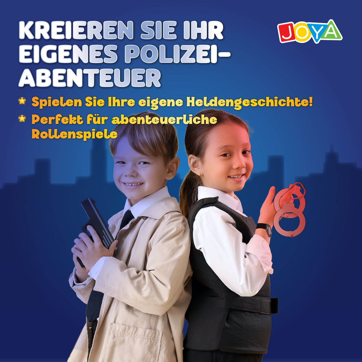 Joya Creative Holzeinsatz Polizei-Set, 17-teilig – FSC-Polizeikoffer mit Zubehör für Rollenspiele