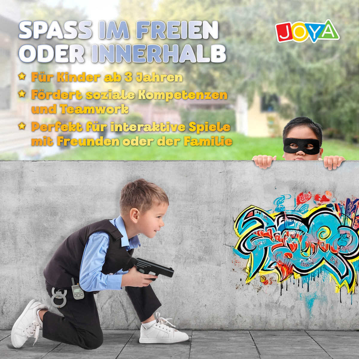 Joya Creative Holzeinsatz Polizei-Set, 17-teilig – FSC-Polizeikoffer mit Zubehör für Rollenspiele