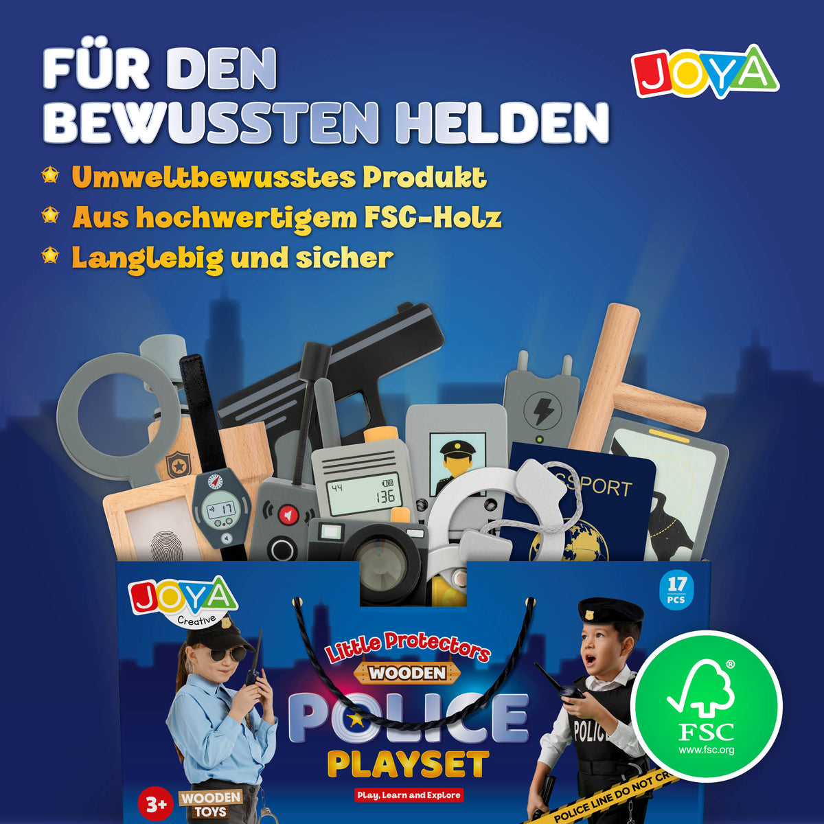 Joya Creative Holzeinsatz Polizei-Set, 17-teilig – FSC-Polizeikoffer mit Zubehör für Rollenspiele