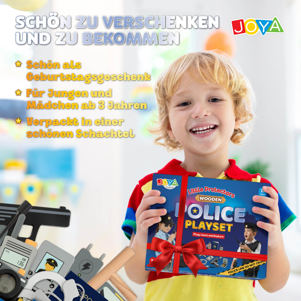 Joya Creative Holzeinsatz Polizei-Set, 17-teilig – FSC-Polizeikoffer mit Zubehör für Rollenspiele