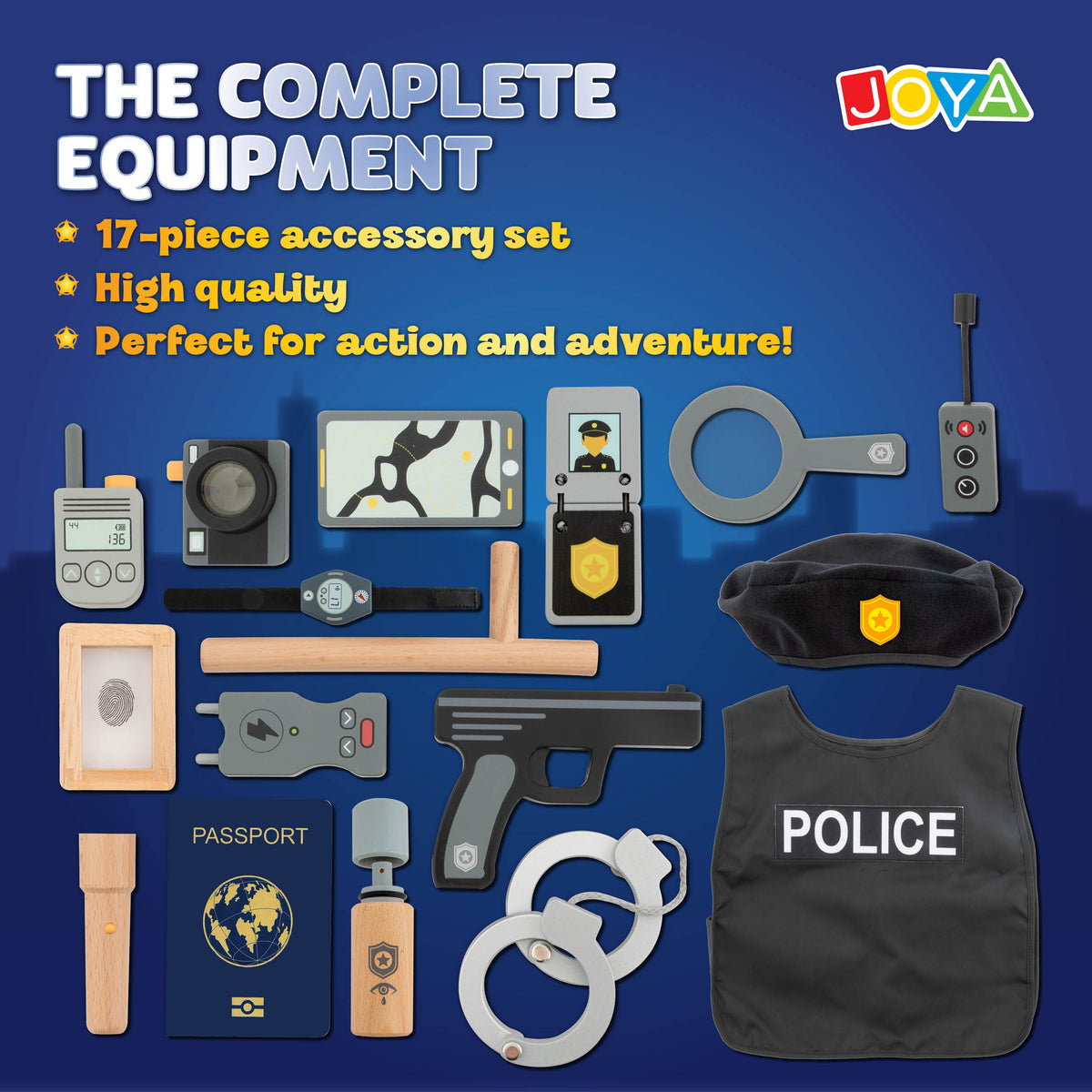 Joya Creative Wooden Police Set 17 Pieces – FSC Police Case with Accessories for Role Play