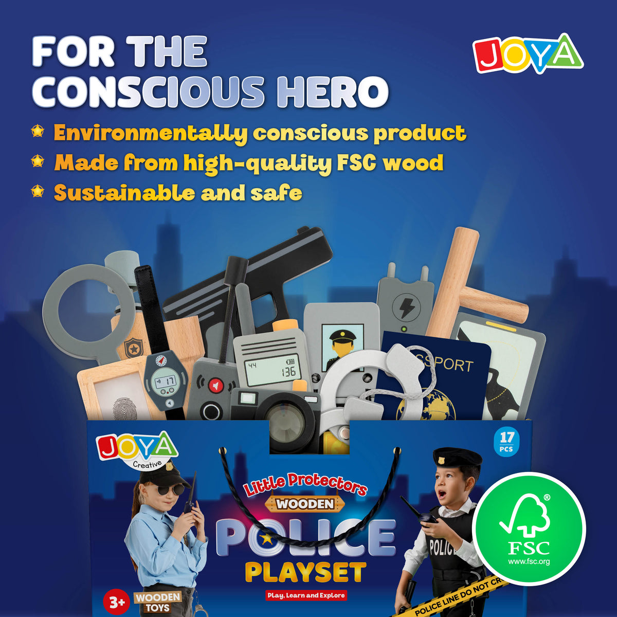 Joya Creative Wooden Police Set 17 Pieces – FSC Police Case with Accessories for Role Play