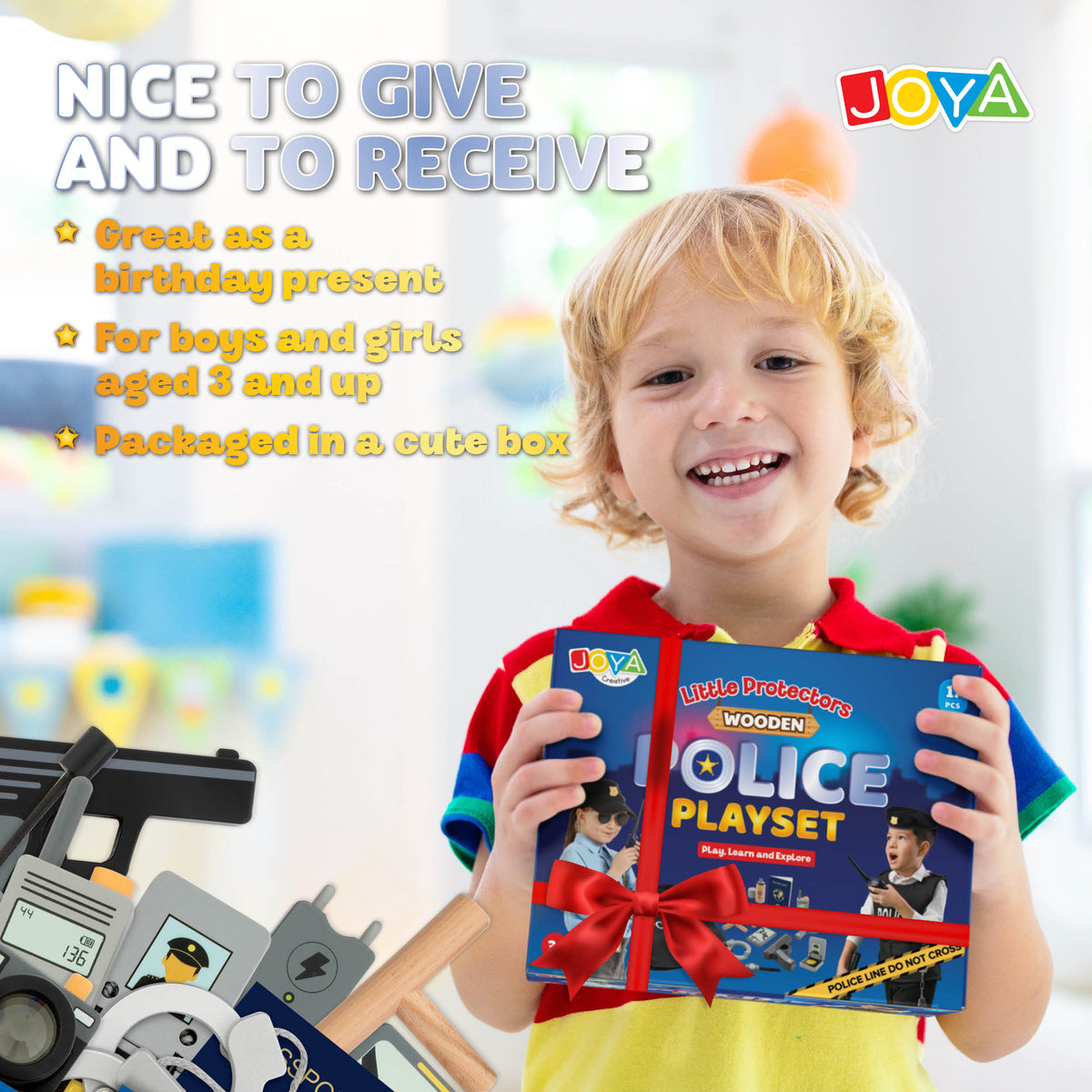 Joya Creative Wooden Police Set 17 Pieces – FSC Police Case with Accessories for Role Play