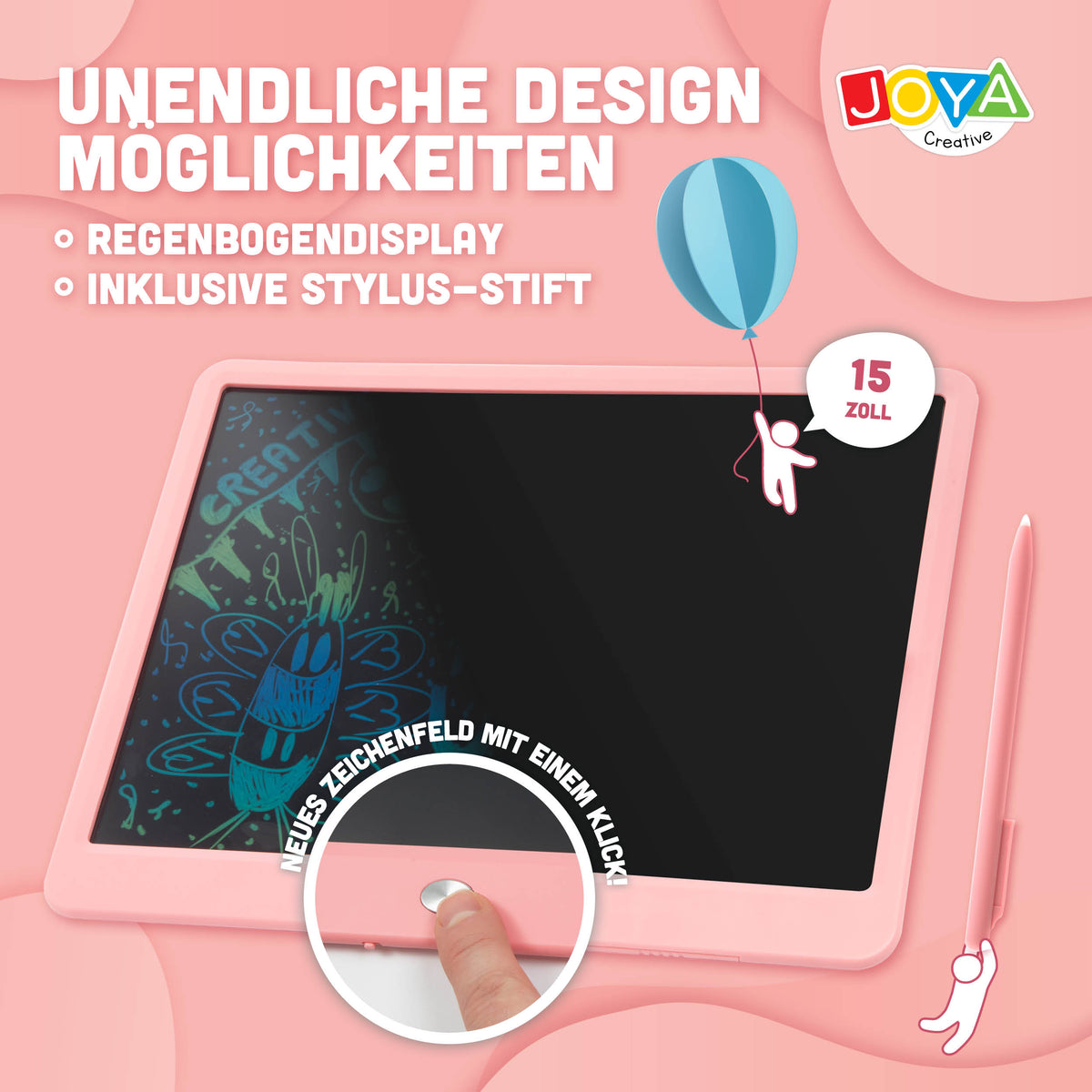 Joya Creative Digitales Zeichenbrett 15 Zoll Rosa – LCD Zeichentablett für Kinder mit Löschfunktion