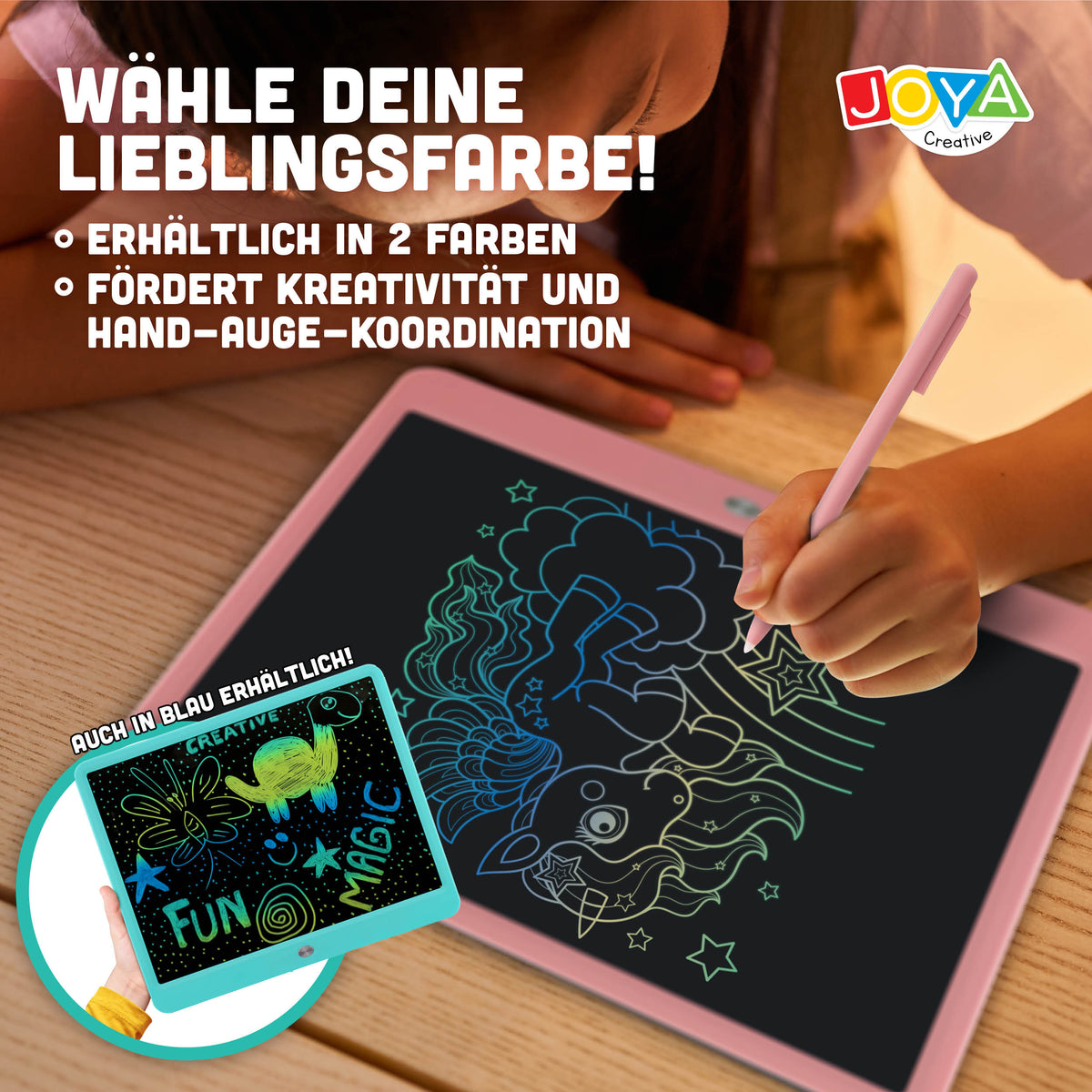 Joya Creative Digitales Zeichenbrett 15 Zoll Rosa – LCD Zeichentablett für Kinder mit Löschfunktion