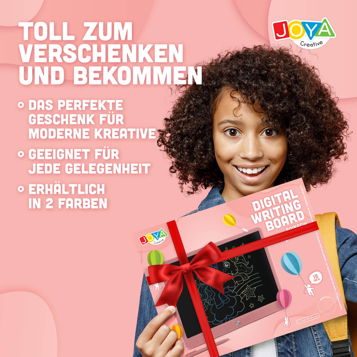 Joya Creative Digitales Zeichenbrett 15 Zoll Rosa – LCD Zeichentablett für Kinder mit Löschfunktion