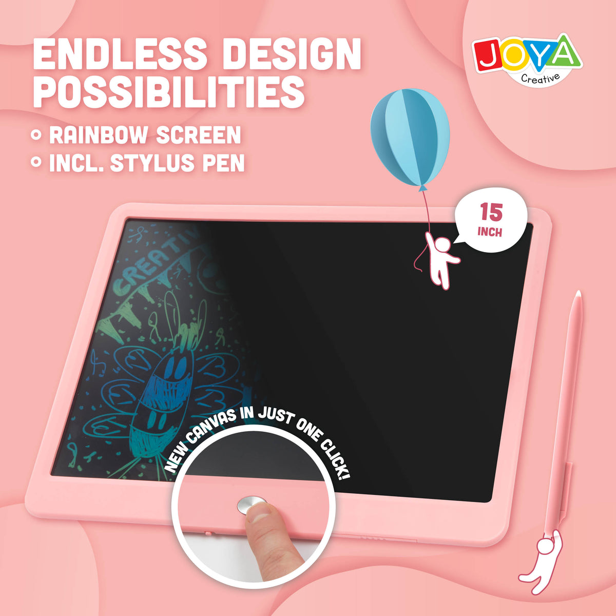 Joya Creative Digital Drawing Board 15 Inch Pink – LCD Writing Tablet for Kids with Erase Function