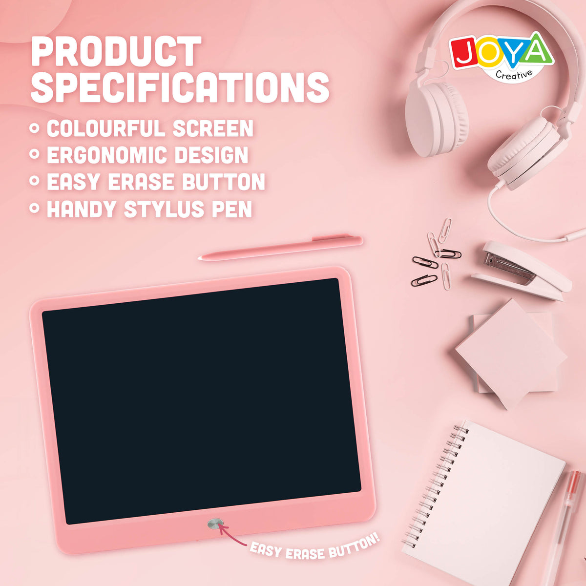 Joya Creative Digital Drawing Board 15 Inch Pink – LCD Writing Tablet for Kids with Erase Function