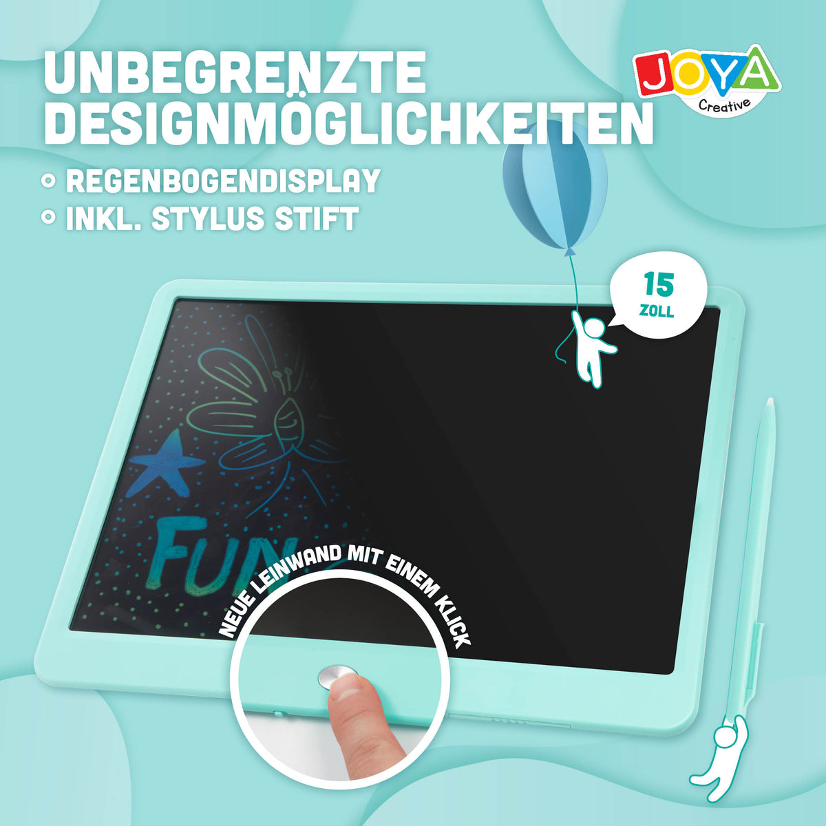Joya Kreatives Digitales Zeichenbrett 15 Zoll Blau – LCD Zeichentablett für Kinder mit Löschfunktion