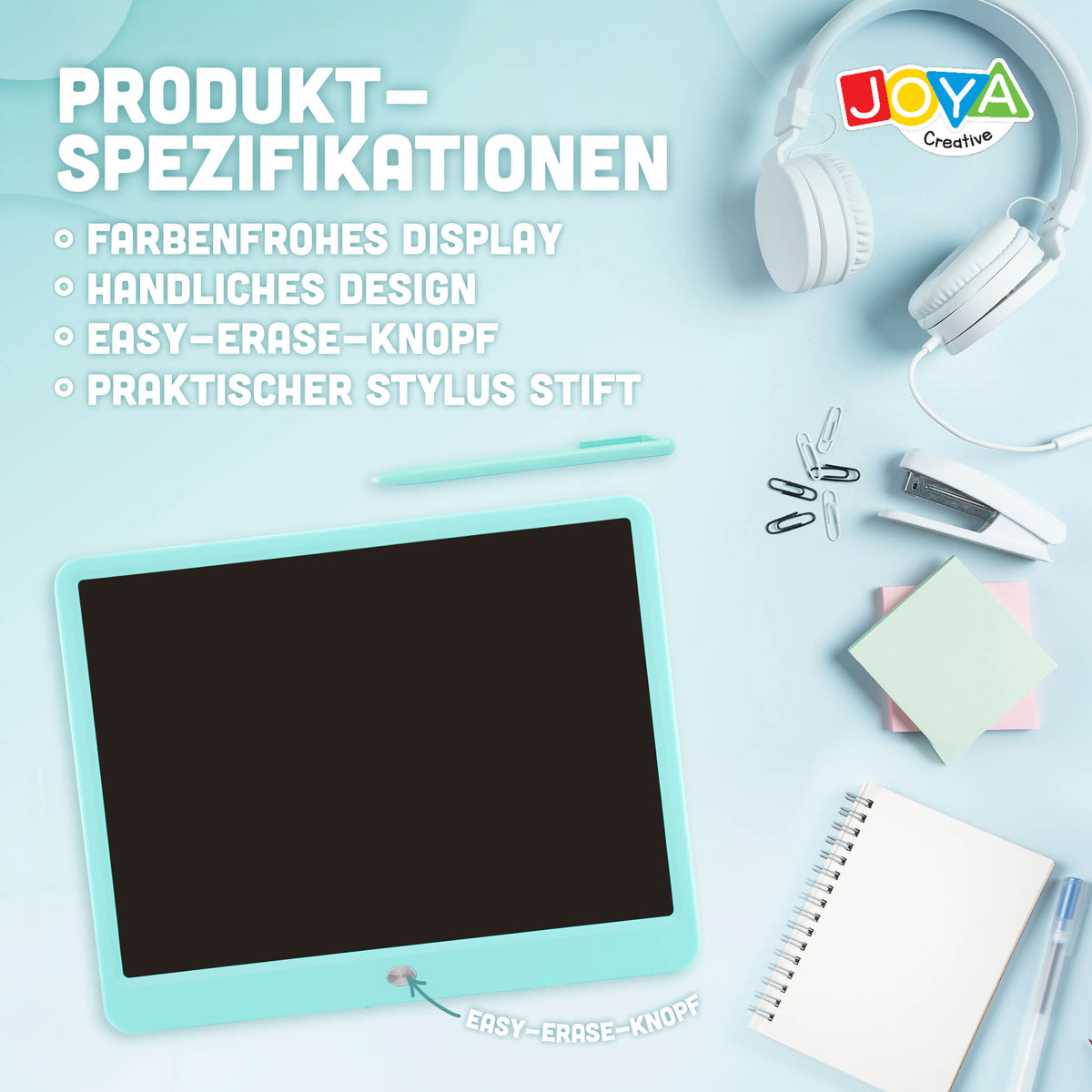 Joya Kreatives Digitales Zeichenbrett 15 Zoll Blau – LCD Zeichentablett für Kinder mit Löschfunktion