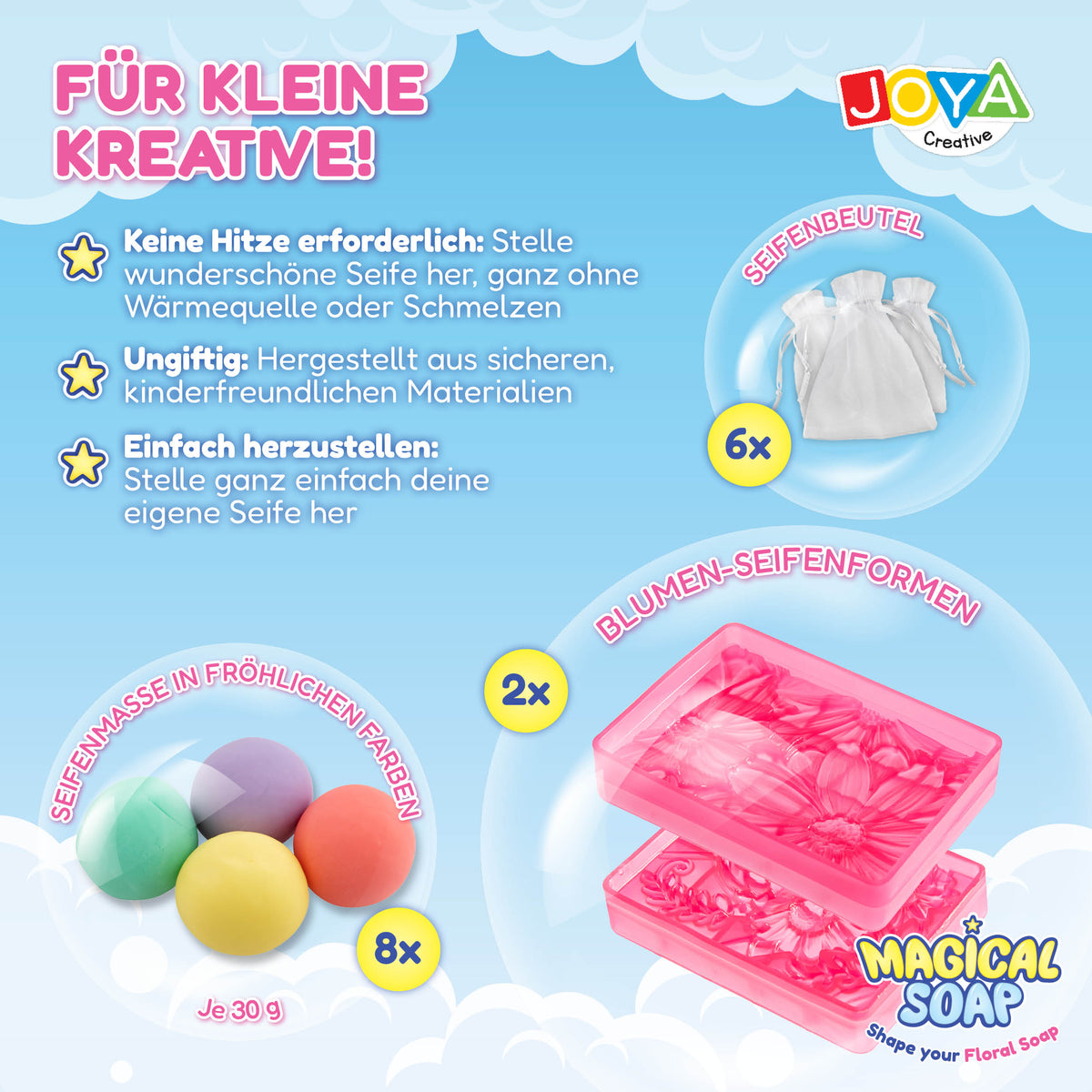 Joya Creative Seifenherstellungsset für Kinder – DIY Blumen-Seifen-Set mit Seifenlehm, Formen und Geschenktüten