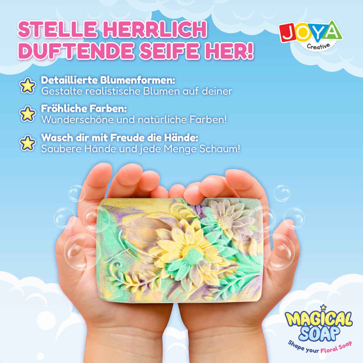 Joya Creative Seifenherstellungsset für Kinder – DIY Blumen-Seifen-Set mit Seifenlehm, Formen und Geschenktüten