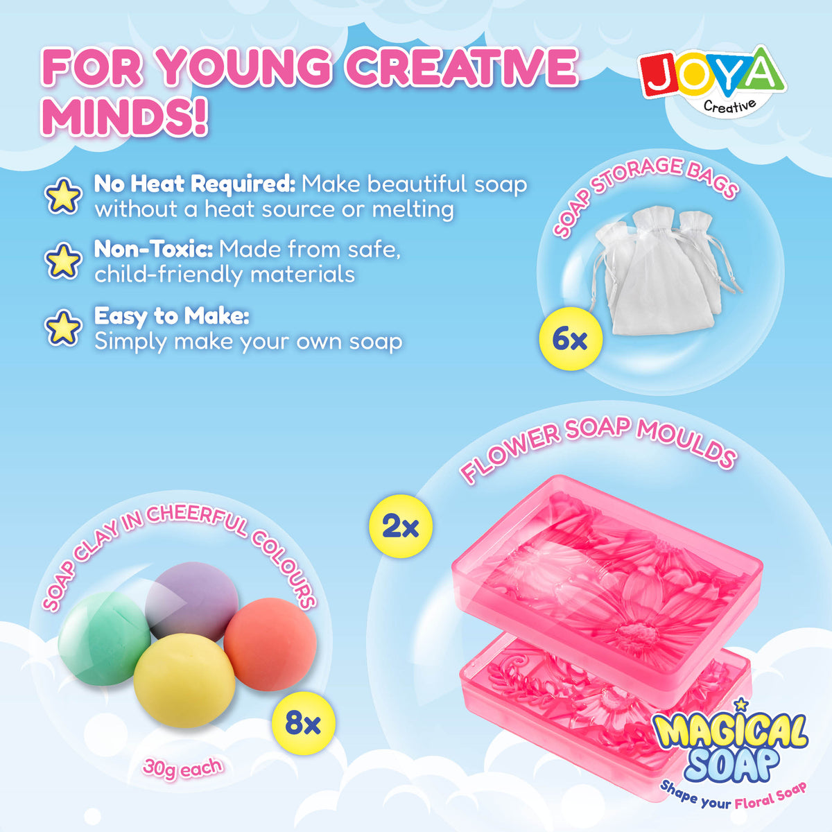Joya Creative Soap Making Kit for Kids – DIY Flower Soap Set with Soap Clay, Molds, and Gift Bags