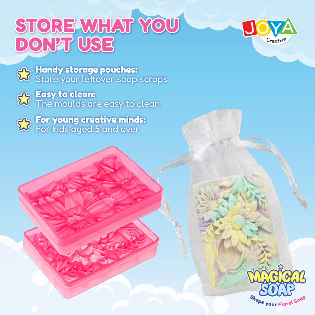 Joya Creative Soap Making Kit for Kids – DIY Flower Soap Set with Soap Clay, Molds, and Gift Bags